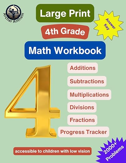 Large Print 4th Grade Math Workbook - Addition, Subtraction, Multiplication, Division, and Fractions
