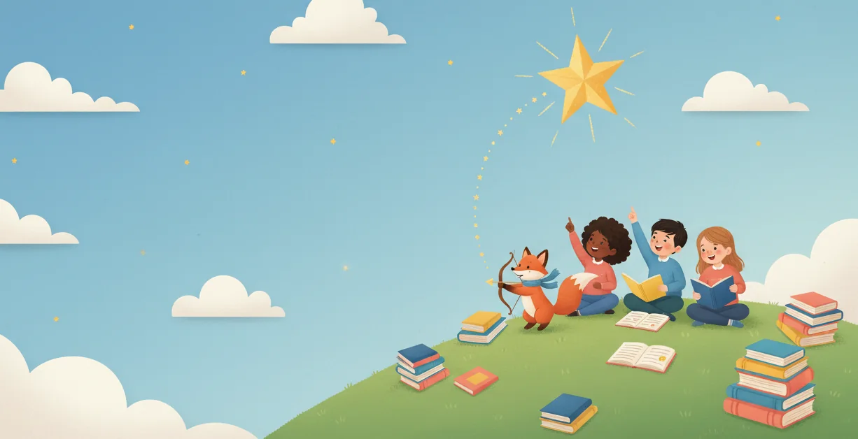 Children reading workbooks on a grassy hill while Archie the fox shoots a star arrow into the sky